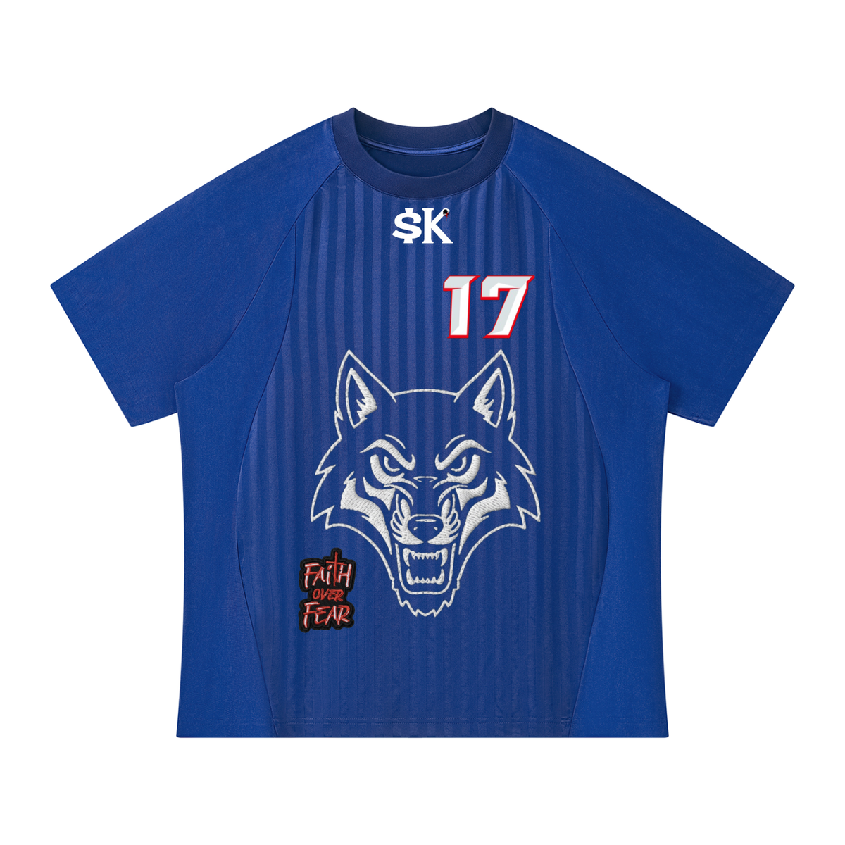 Unisex $K “Wolf Mascot” + “Faith Over Fear” Striped Soccer Jersey