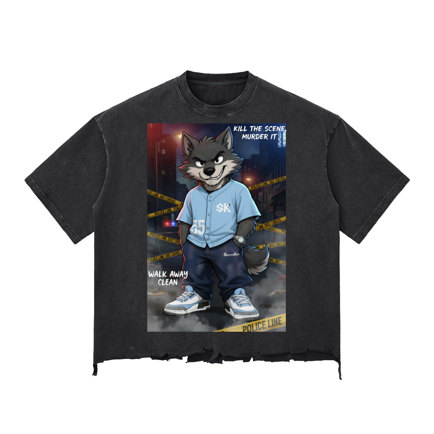 $uccessKillz WillyWolf “ Kill The Scene, Murder It. Walk Away Clean” Raw-Hem T-shirt
