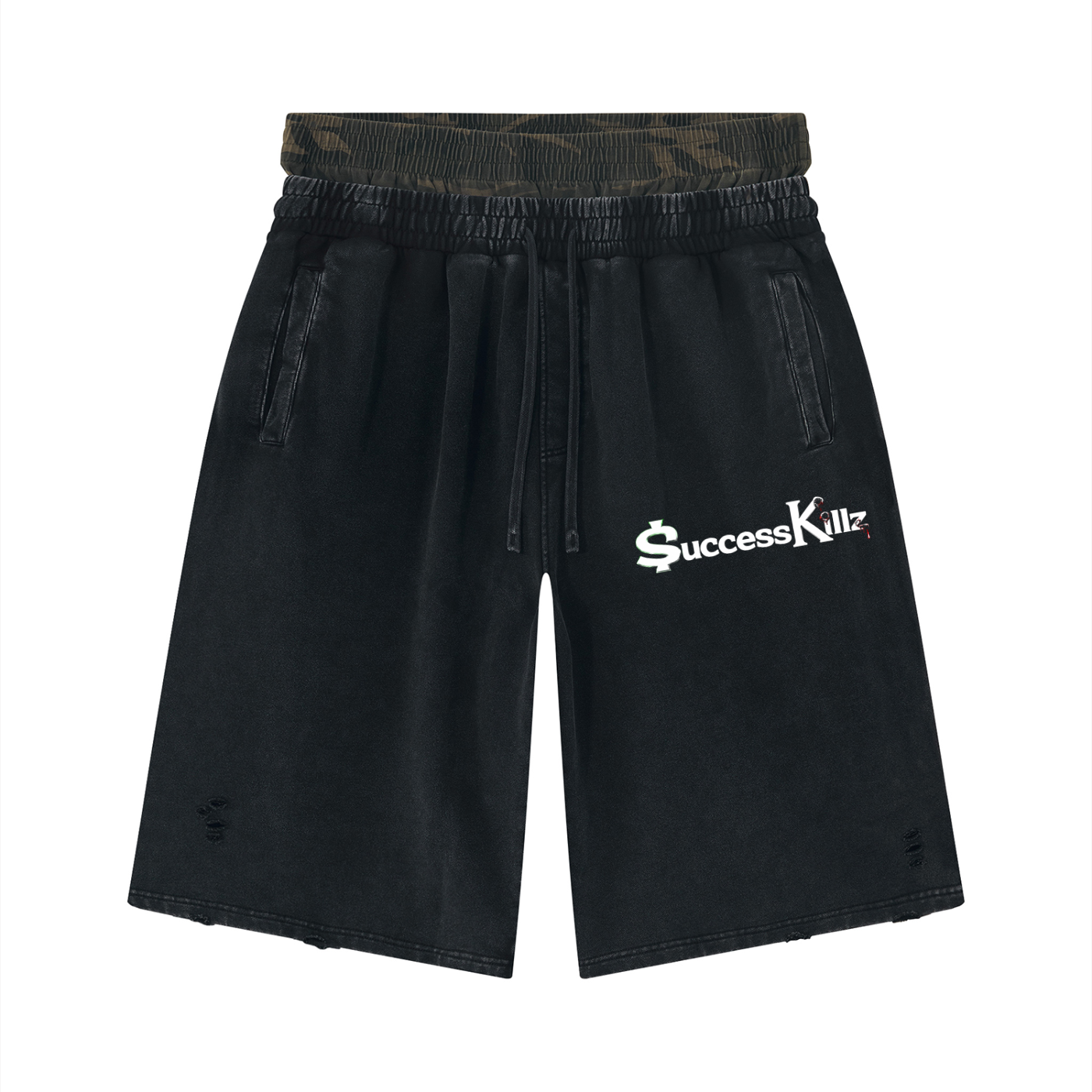 Unisex Vintage $uccessKillz “1992” Blk/Camo Distressed Shorts
