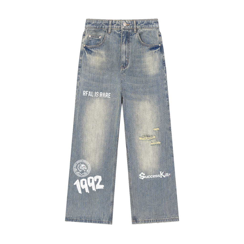 $uccessKillz “REAL IS RARE” Vintage Wash Distressed Denim Jeans