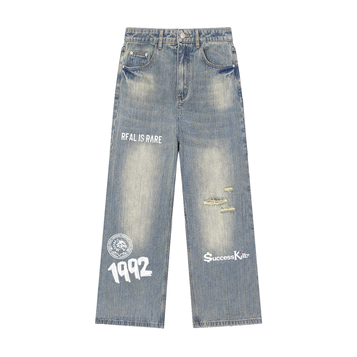 $uccessKillz “REAL IS RARE” Vintage Wash Distressed Denim Jeans